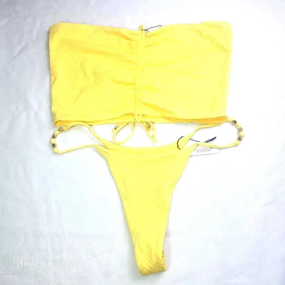 JMP The Label Yellow Textured Bandeau Bikini Set Gold Bead XL NWT